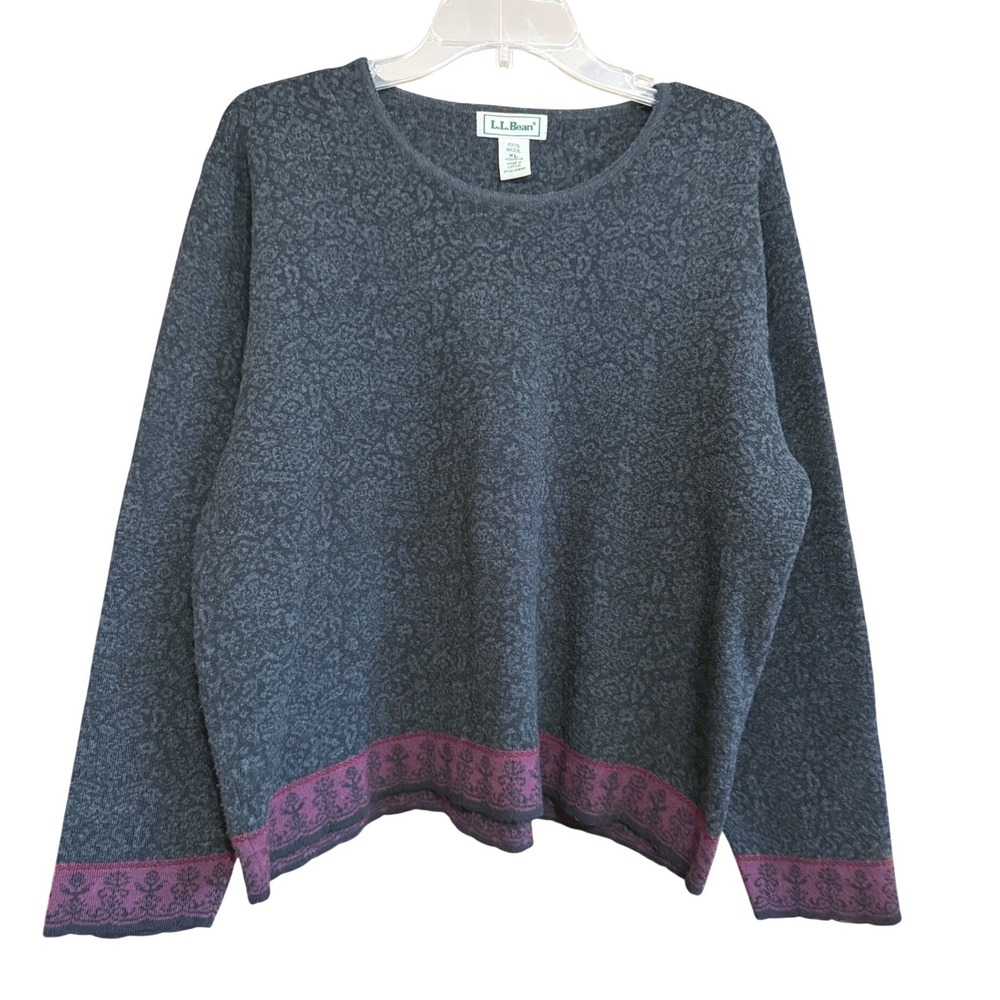 LL Bean Womens XL Wool Sweater Charcoal Grey Burgundy Floral Scalloped Border